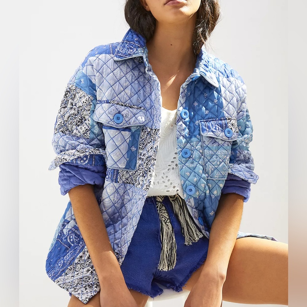 NWT Anthropologie Not So Serious Priya Quilted Blue Shirt Jacket Size- Large